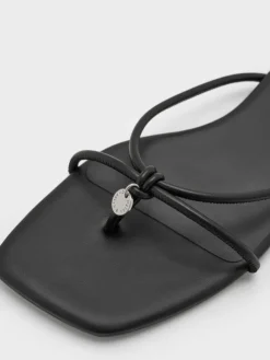 Metallic-Charm Strappy Thong Sandals
