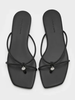 Metallic-Charm Strappy Thong Sandals