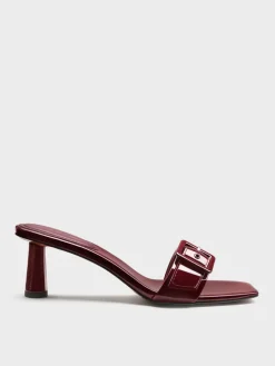 Patent Buckle-Strap Heeled Mules