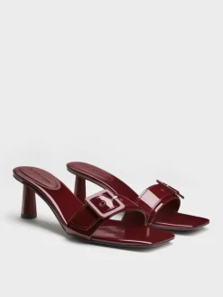 Patent Buckle-Strap Heeled Mules