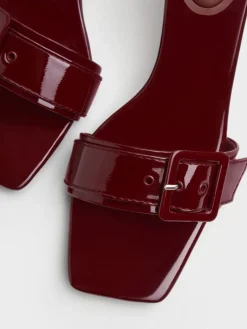 Patent Buckle-Strap Heeled Mules