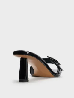 Patent Buckle-Strap Heeled Mules