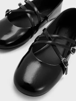 Patent Triple-Strap Mary Jane Flats