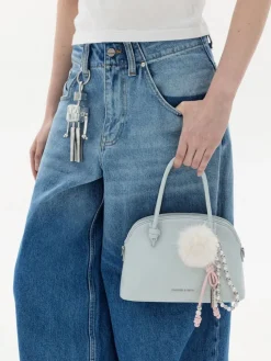 Pearl Beaded-Strap Furry Ball Charm