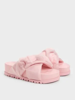 Satin Flower-Applique Crossover Sandals