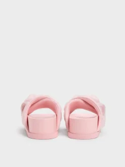 Satin Flower-Applique Crossover Sandals