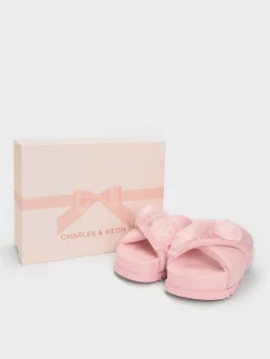 Satin Flower-Applique Crossover Sandals