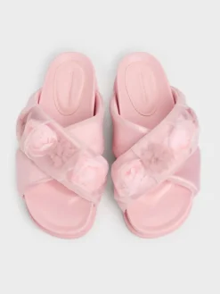 Satin Flower-Applique Crossover Sandals