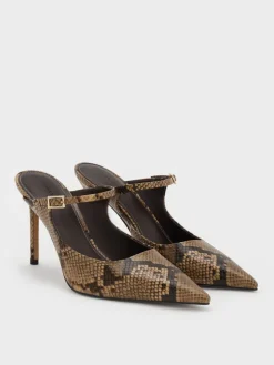 Snake-Print Buckle-Strap Mules