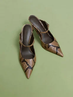 Snake-Print Buckle-Strap Mules