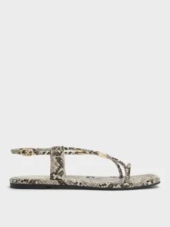 Snake-Print Metallic-Accent Toe-Ring Sandals
