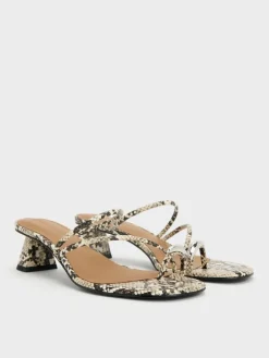 Snake-Print Toe-Ring Strappy Heels