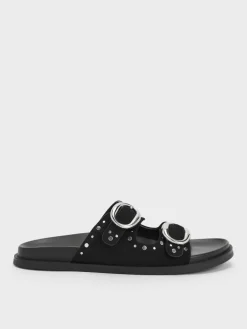 Studded Buckled Double-Strap Slides