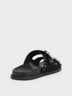 Studded Buckled Double-Strap Slides
