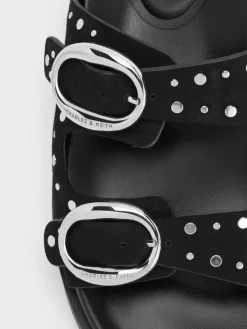 Studded Buckled Double-Strap Slides
