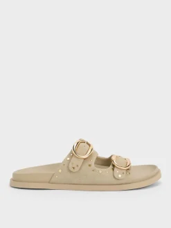 Studded Buckled Double-Strap Slides