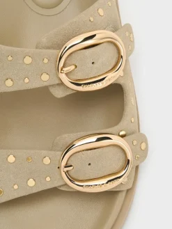 Studded Buckled Double-Strap Slides