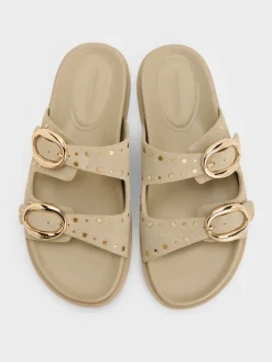 Studded Buckled Double-Strap Slides