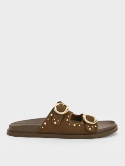 Studded Buckled Double-Strap Slides