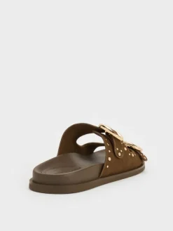 Studded Buckled Double-Strap Slides