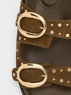 Studded Buckled Double-Strap Slides
