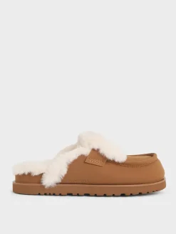 Textured Fur-Trim Flatform Mules