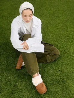 Textured Fur-Trim Flatform Mules