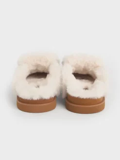 Textured Fur-Trim Flatform Mules