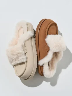 Textured Fur-Trim Flatform Mules